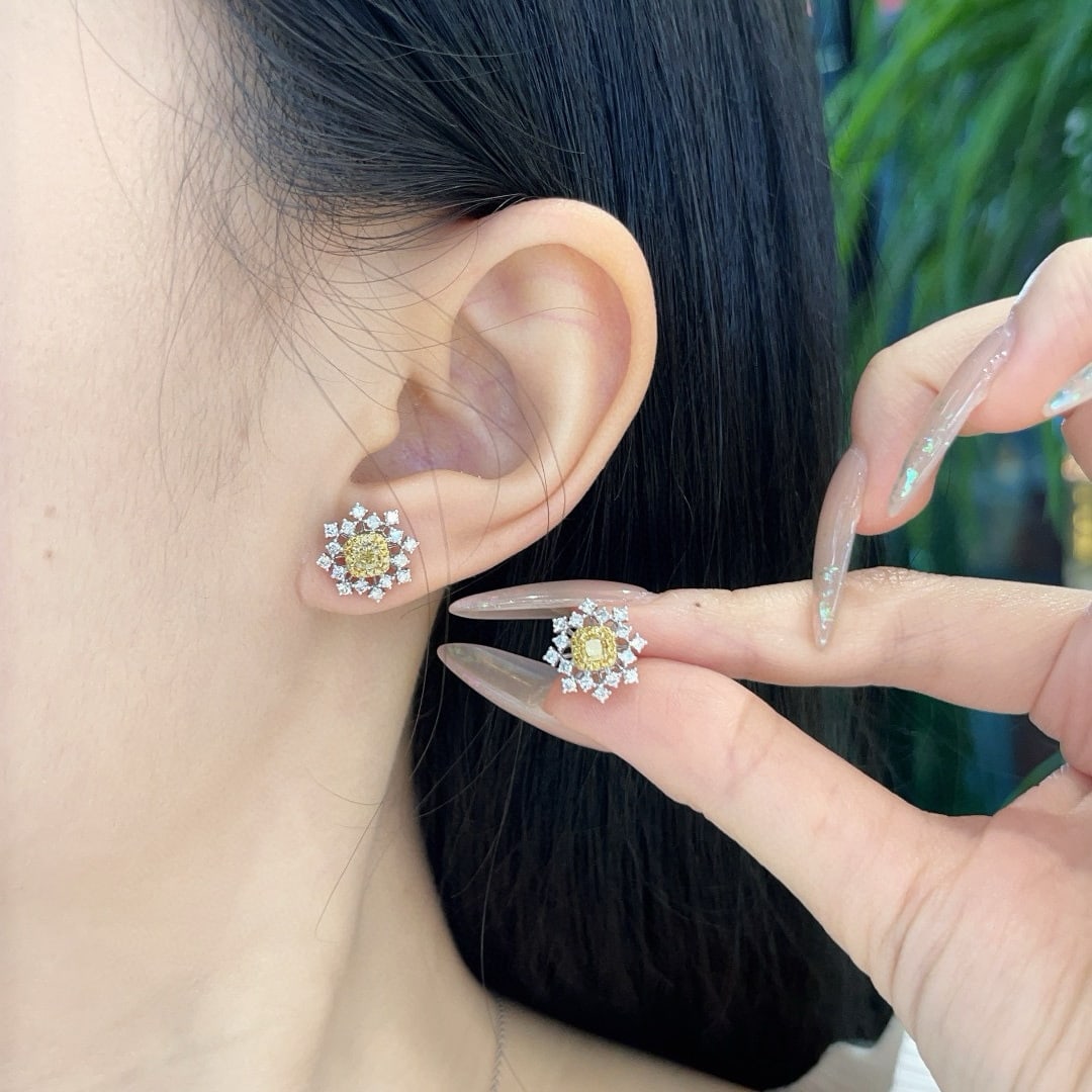 14k Gold 0.98 Ctw Natural Yellow Diamond & Diamond Earrings - 7