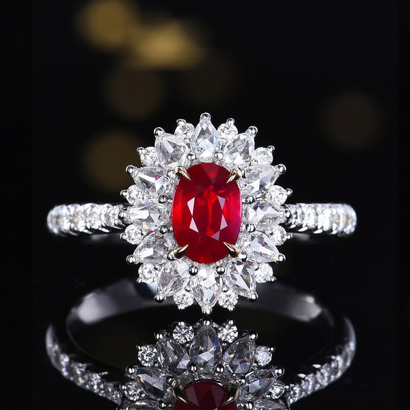 14k Gold 1.41 Ctw Natural Ruby & Diamond Ring: Ref:231062123 // gold content:14k gold // ring size:7. 25us // // main gemstone:ruby // shape:oval // carat weight:0. 75ct // color:pigeonblood red // treatment:natural // // adjacent gemstone 2 :