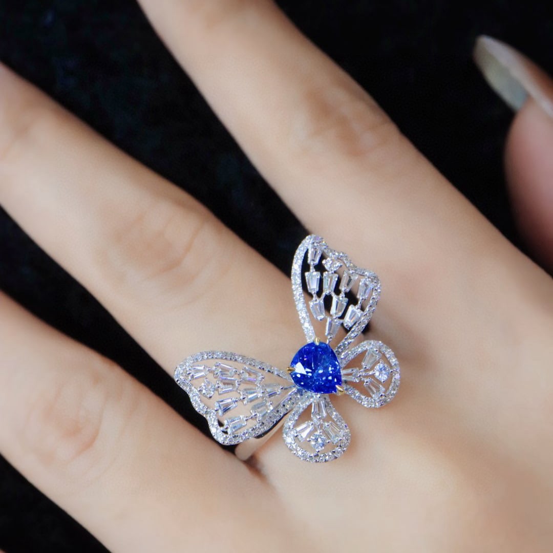 14k Gold 1.05 Ct Natural Sapphire & Diamond & Sapphire & Butterfly Ring - 5