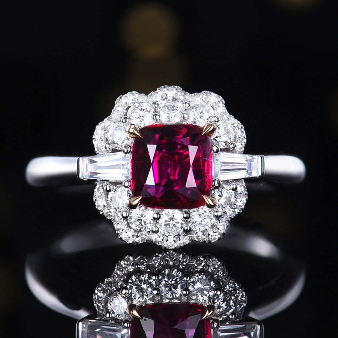 14k Gold 1.57 Ctw Natural Ruby & Diamond Ring: Ref:231062133 // gold content:14k gold // ring size:7. 25us // // main gemstone:ruby // shape:cushion // carat weight:1. 13ct // color:red // treatment:natural // // adjacent gemstone 2 : diamond // n