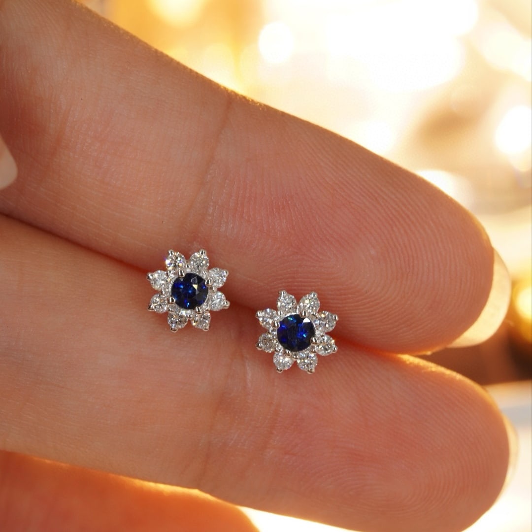 14k Gold 0.56 Ctw Natural Sapphire & Diamond Earrings - 4