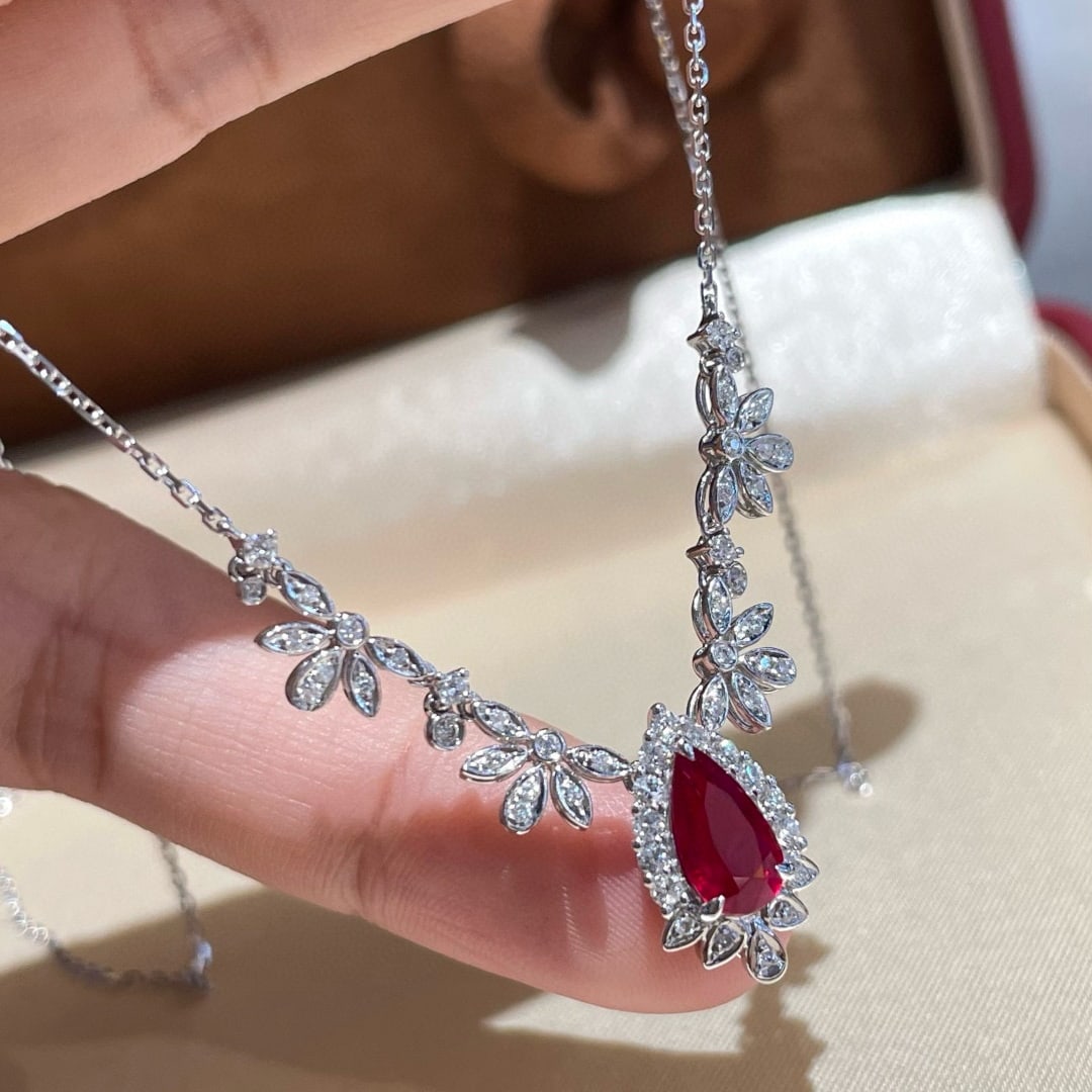 14k Gold 1.20 Ct Natural Ruby & Diamond Necklace - 2