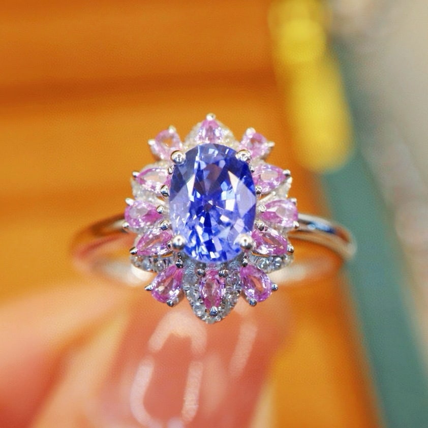14k Gold 1.64 Ctw Natural Sapphire & Diamond Ring: Ref:231062165 // gold content:14k gold // ring size:7. 25us // // main gemstone:sapphire // shape:oval // carat weight:1. 19ct // color:cornflower blue // treatment:natural // // adjacent gemstone 2