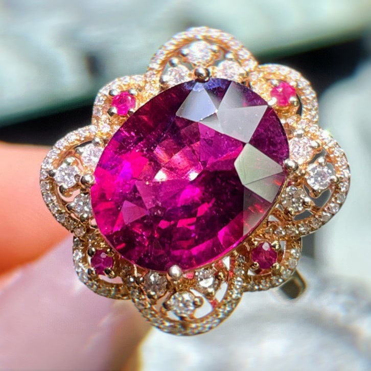 14k Gold 8.75 Ct Natural Tourmaline & Diamond Ring - 2