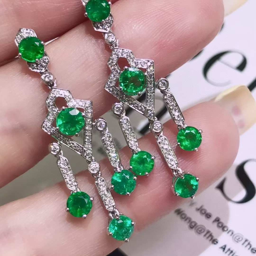 14k Gold 3.20 Ctw Vivid Green Natural Emerald & Diamond Earrings - 2