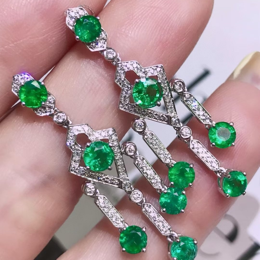 14k Gold 3.20 Ctw Vivid Green Natural Emerald & Diamond Earrings - 3