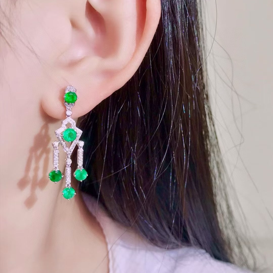 14k Gold 3.20 Ctw Vivid Green Natural Emerald & Diamond Earrings - 4