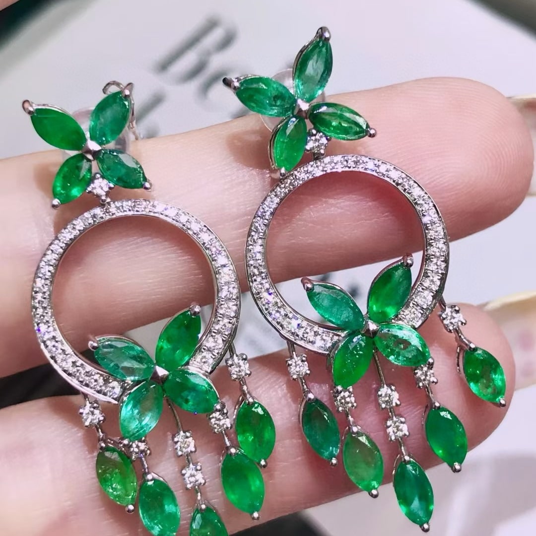 14k Gold 6.25 Ctw Vivid Green Natural Emerald & Diamond Earrings - 2