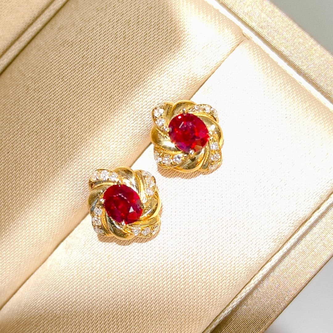 14k Gold 0.94 Ctw Natural Ruby & Diamond Earrings - 2