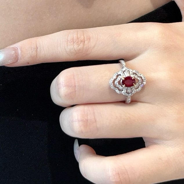 14k Gold 0.78 Ct Natural Ruby & Diamond Ring: Ref:231062218 // gold content:14k gold // ring size:7. 25us // // main gemstone:ruby // shape:oval // carat weight:0. 78ct // color:pigeonblood red // treatment:natural // // adjacent gemstone 2 :