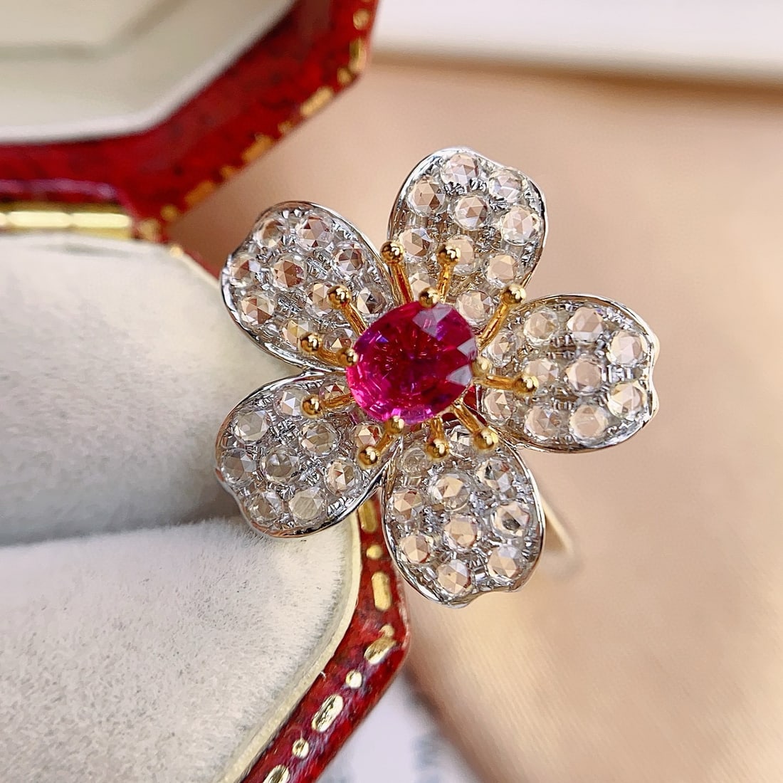 14k Gold 0.75 Ct Natural Ruby & Sapphire & Flowers Ring/pendant( Without Chain ) - 4