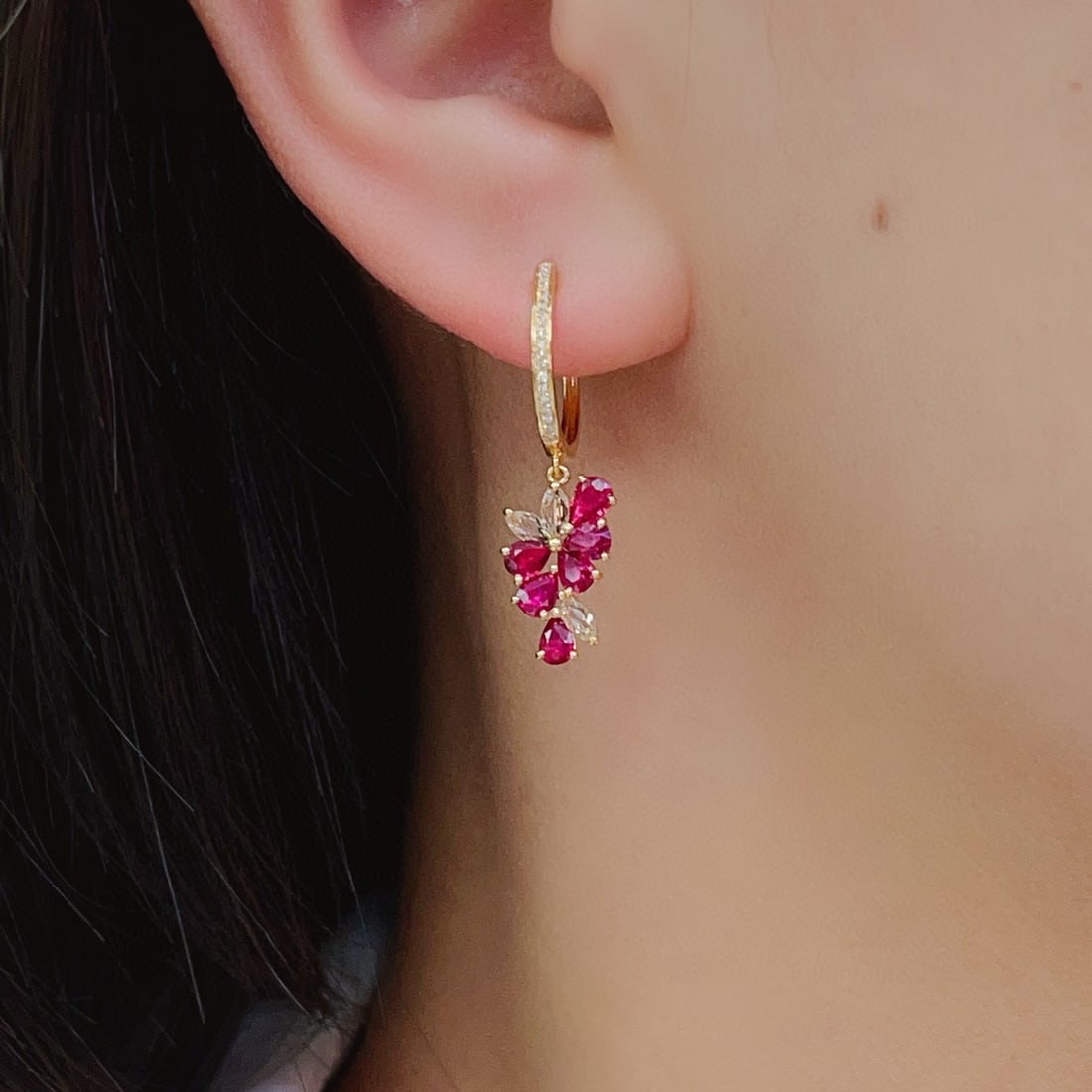 14k Gold 1.10 Ct Natural Ruby & Diamond Earrings - 2