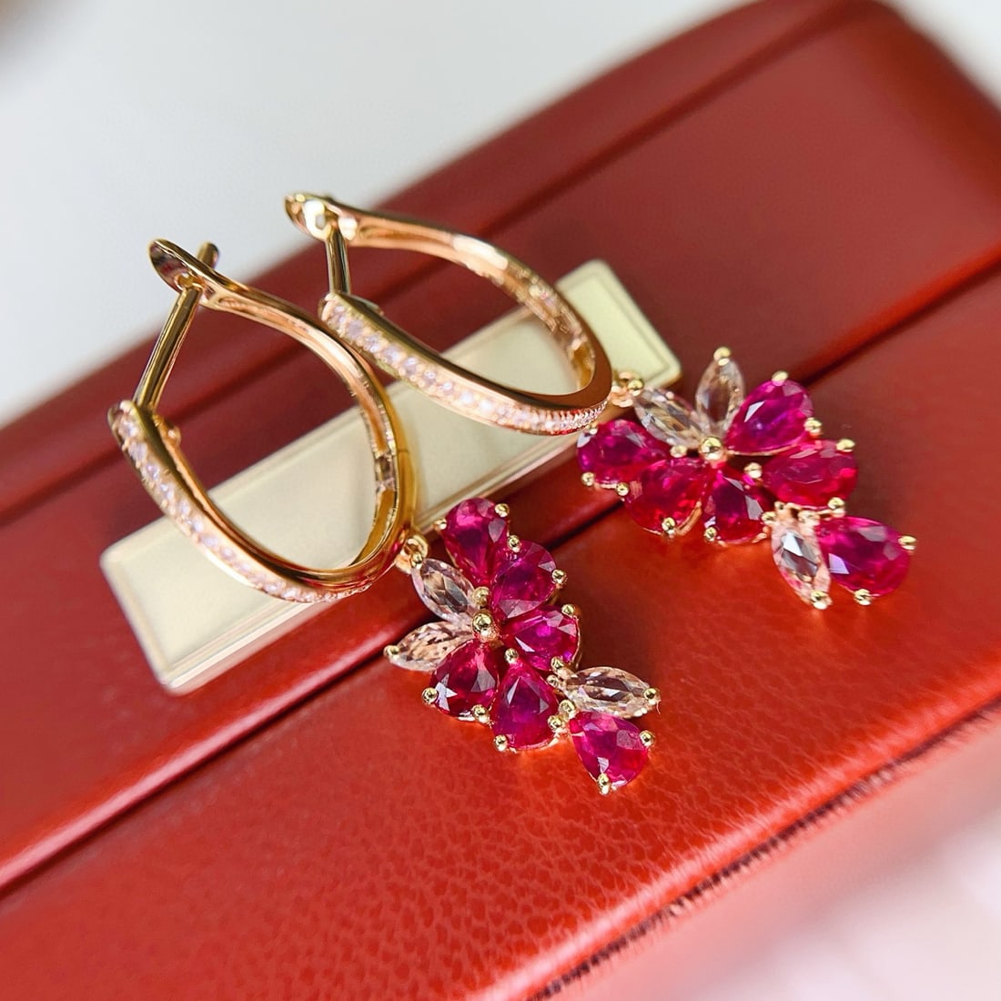 14k Gold 1.10 Ct Natural Ruby & Diamond Earrings - 3