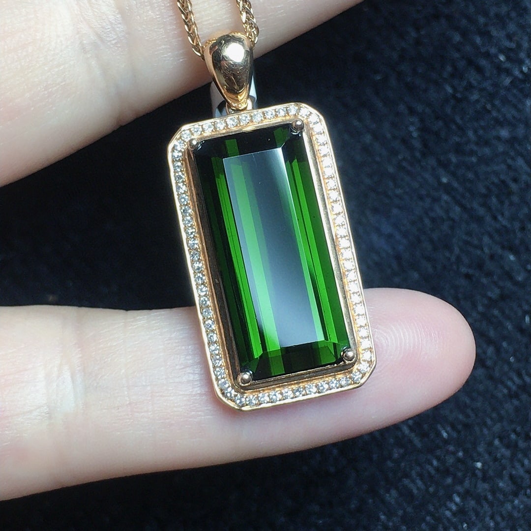14k Gold 8.26 Ct Natural Tourmaline & Diamond Pendant( Without Chain ) - 2