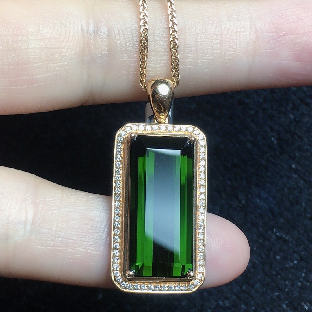 14k Gold 8.26 Ct Natural Tourmaline & Diamond Pendant( Without Chain ) - 3