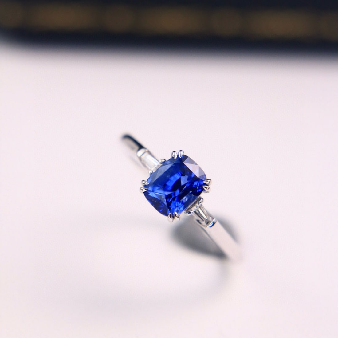 14k Gold 1.67 Ctw Natural Sapphire & Diamond Ring: Ref:231062311 // gold content:14k gold // ring size:7. 25us // // main gemstone:sapphire // shape:cushion // carat weight:1. 58ct // color:royal blue // treatment:natural // // adjacent gemstone 2 :