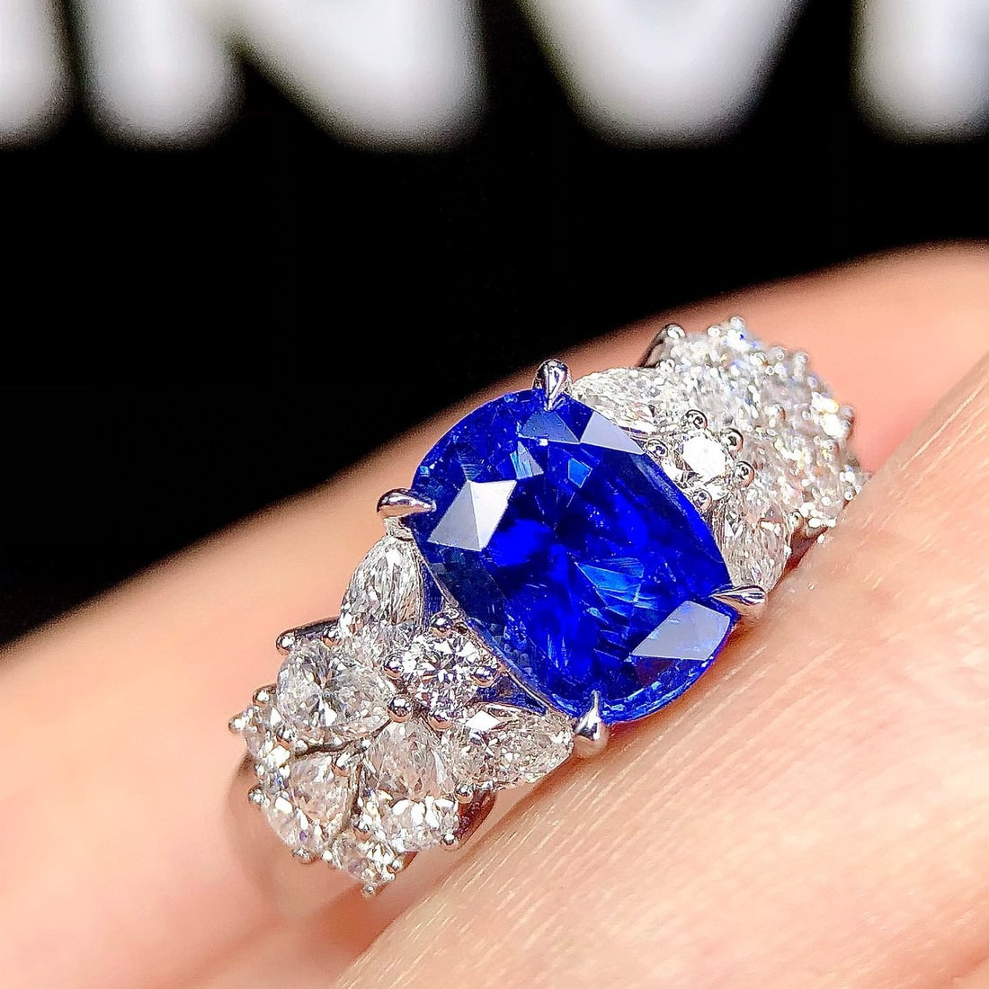 14k Gold 3.53 Ctw Natural Sapphire & Diamond Ring: Ref:231062315 // gold content:14k gold // ring size:7. 25us // // main gemstone:sapphire // shape:cushion // carat weight:2. 59ct // color:royal blue // treatment:natural // // adjacent gemstone 2 : d