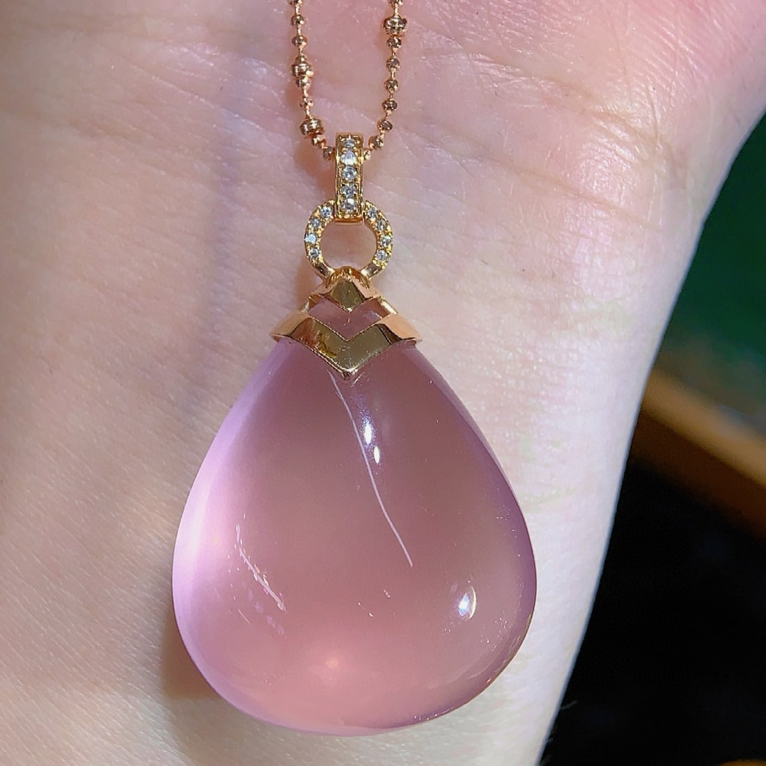 14k Gold 10.23 Ct Natural Rose Quartz & Diamond Pendant( Without Chain ) - 3