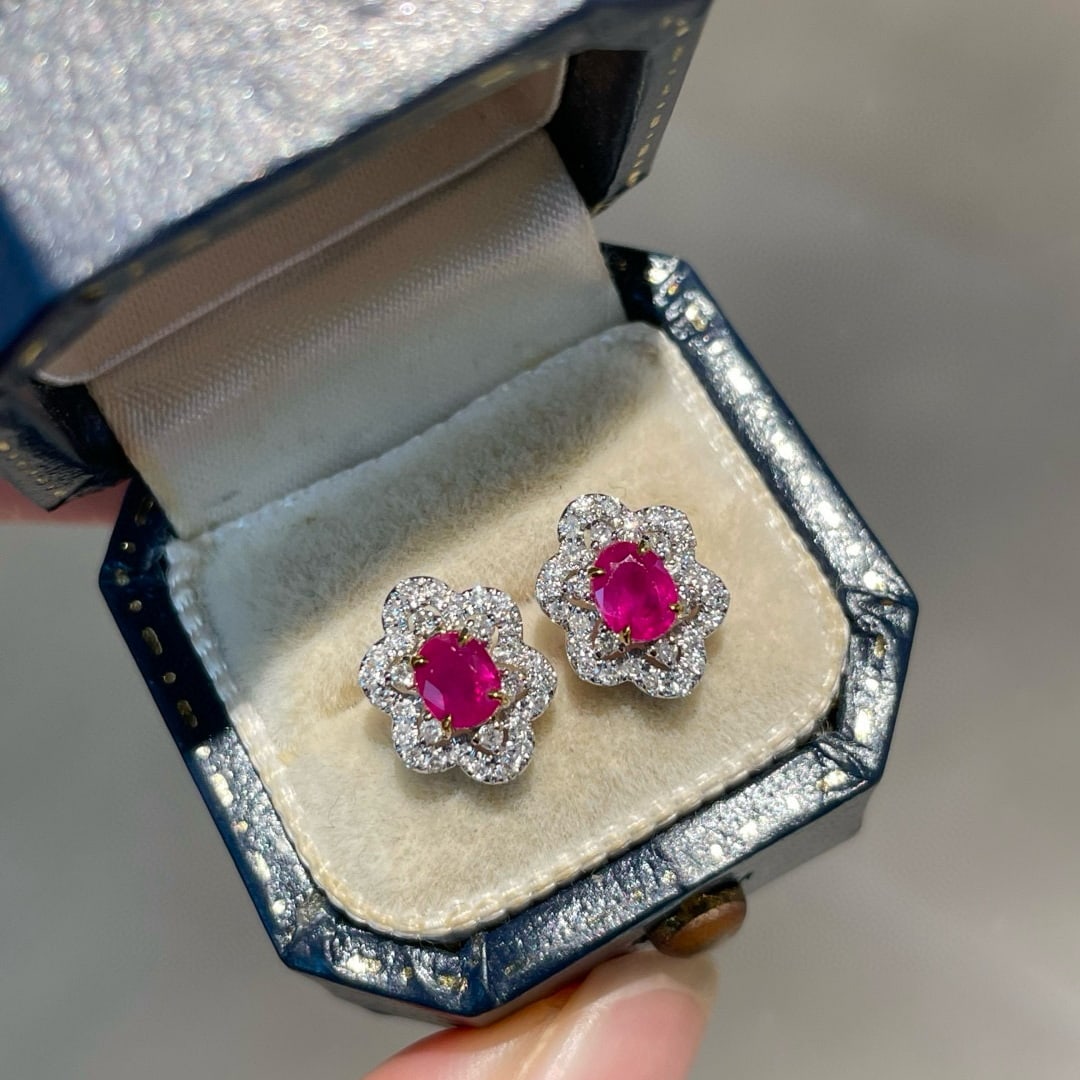 14k Gold 0.60 Ct Natural Ruby & Diamond Earrings - 2