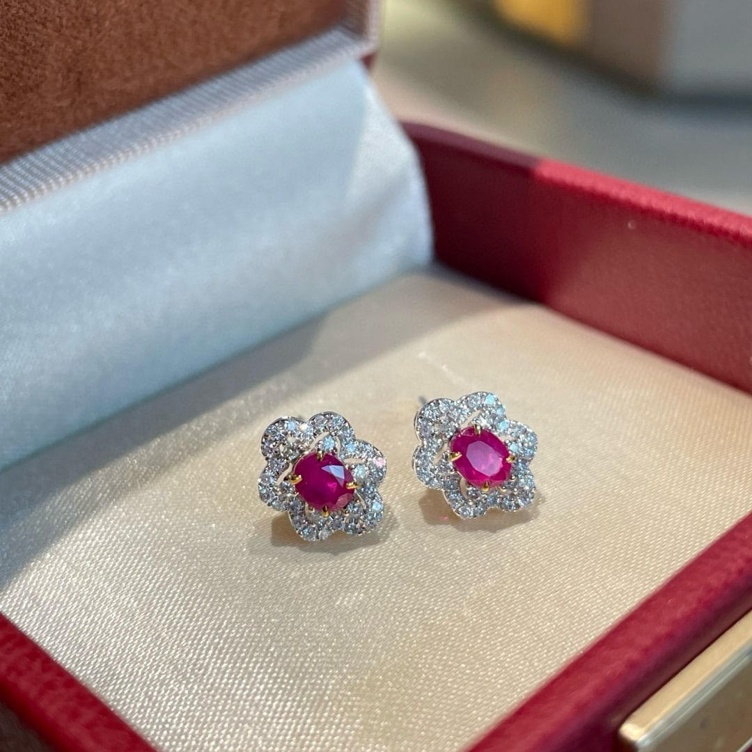 14k Gold 0.60 Ct Natural Ruby & Diamond Earrings - 5