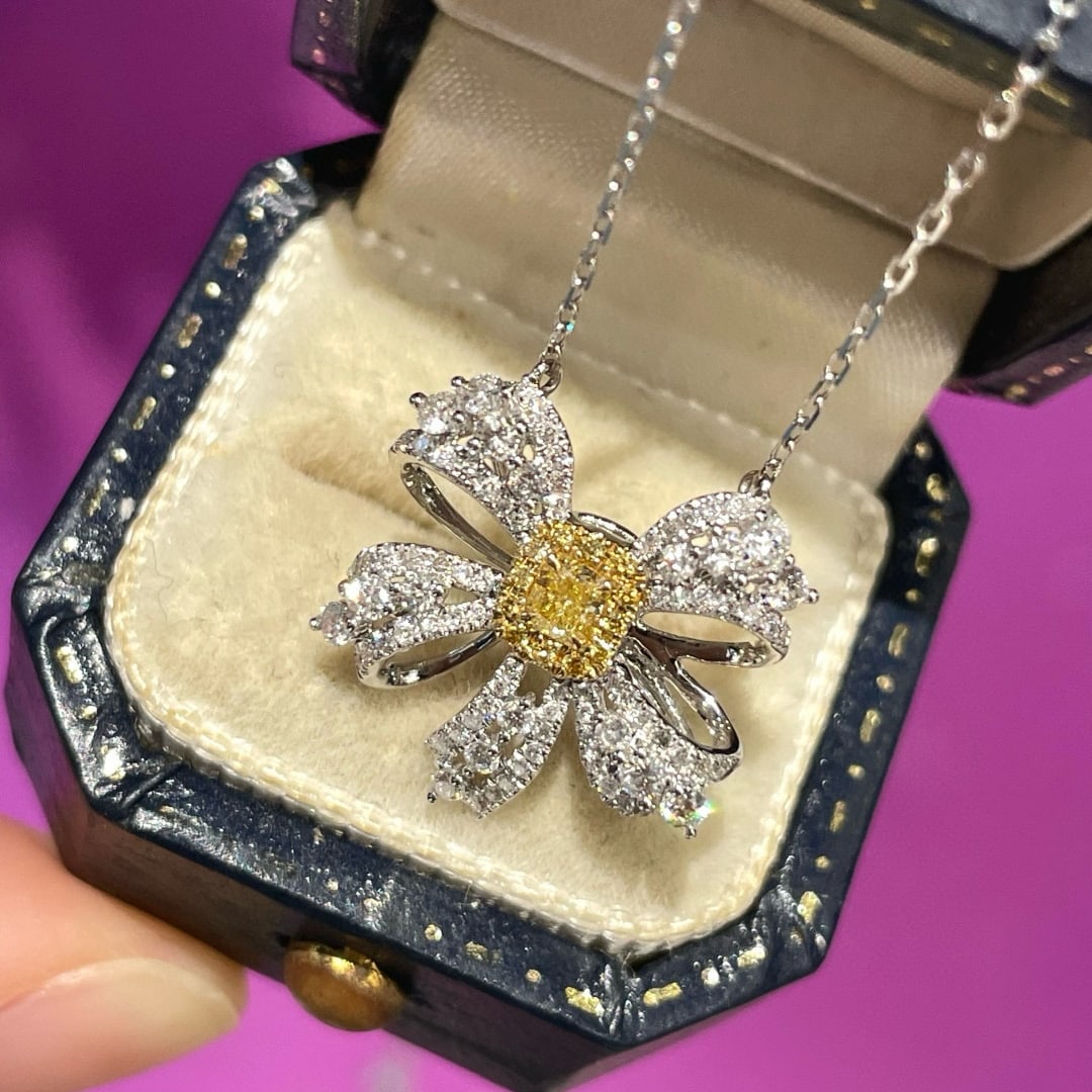 14k Gold 0.58 Ctw Natural Yellow Diamond & Diamond Necklace - 2