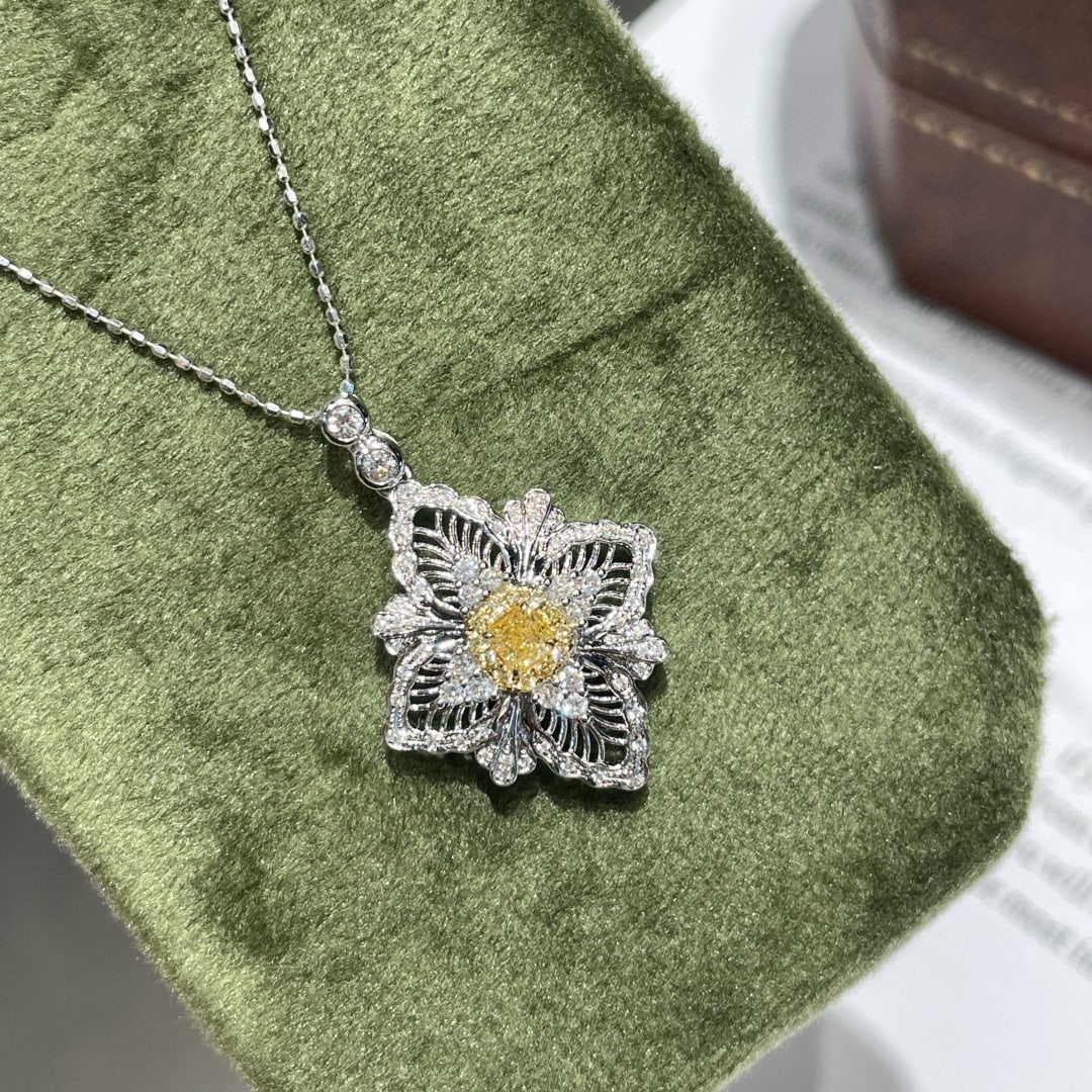 14k Gold 0.45 Ctw Natural Yellow Diamond & Diamond Pendant( Without Chain ): Ref:231062426 // gold content:14k gold // main gemstone:yellow diamond // shape:cushion // carat weight:0. 15ct // color:yellow // treatment:natural // // adjacent gemstone 2 : diamond // shape:round