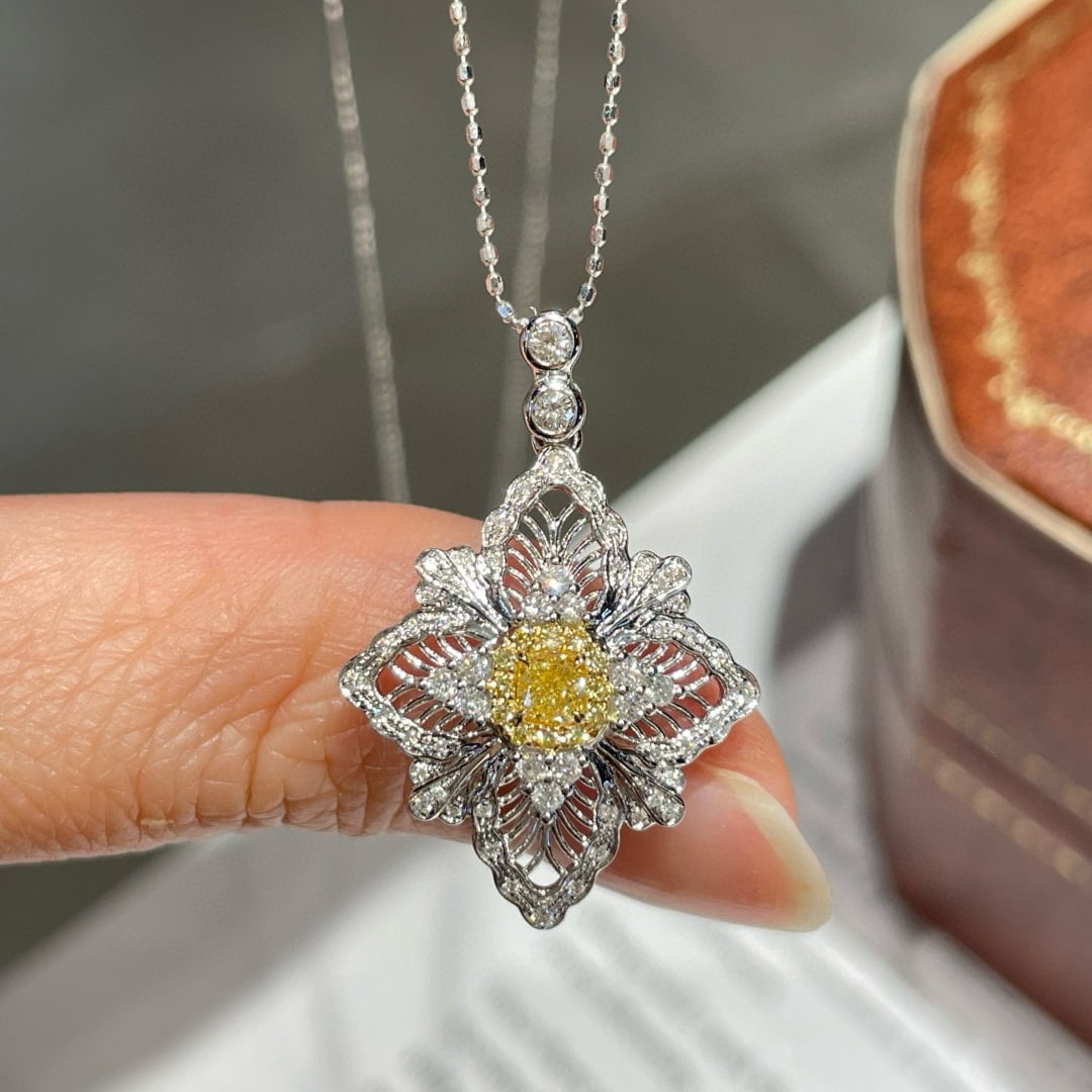 14k Gold 0.45 Ctw Natural Yellow Diamond & Diamond Pendant( Without Chain ) - 7