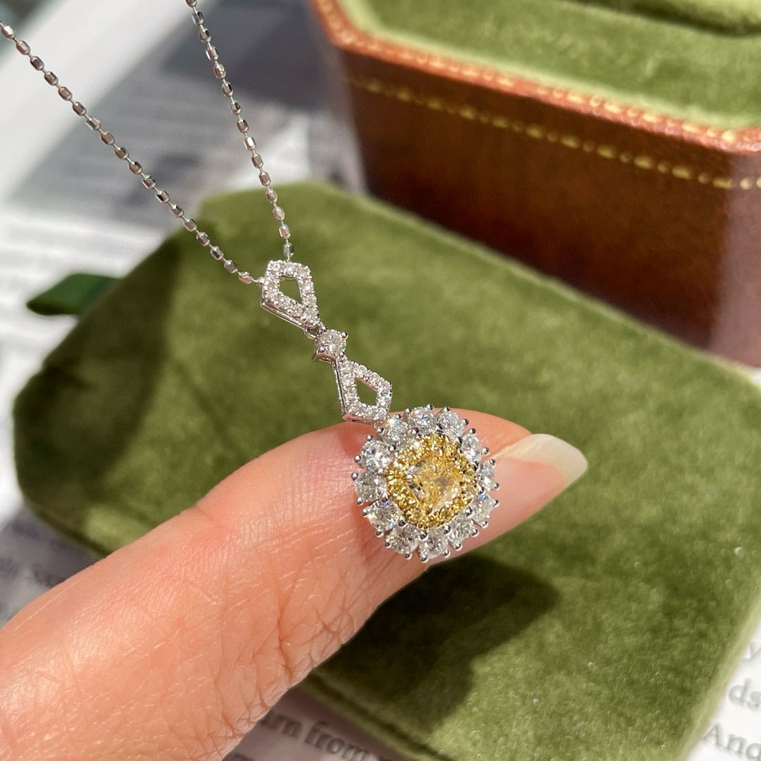 14k Gold 0.83 Ctw Natural Yellow Diamond & Diamond Pendant( Without Chain ): Ref:231062429 // gold content:14k gold // main gemstone:yellow diamond // shape:cushion // carat weight:0. 26ct // color:yellow // treatment:natural // // adjacent gemstone 2 : diamond // shape:round