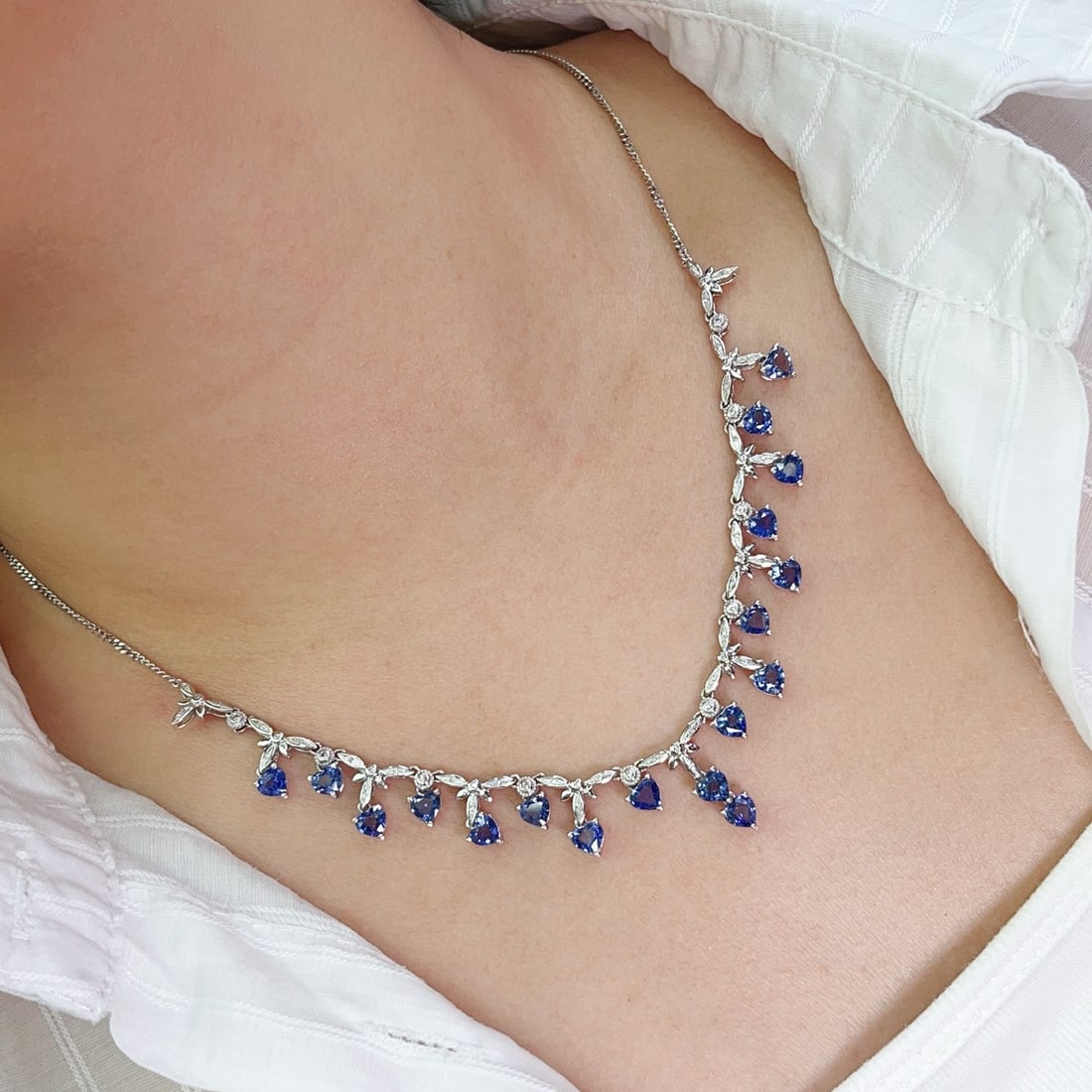 14k Gold 9.55 Ct Natural Sapphire & Diamond Necklace - 3