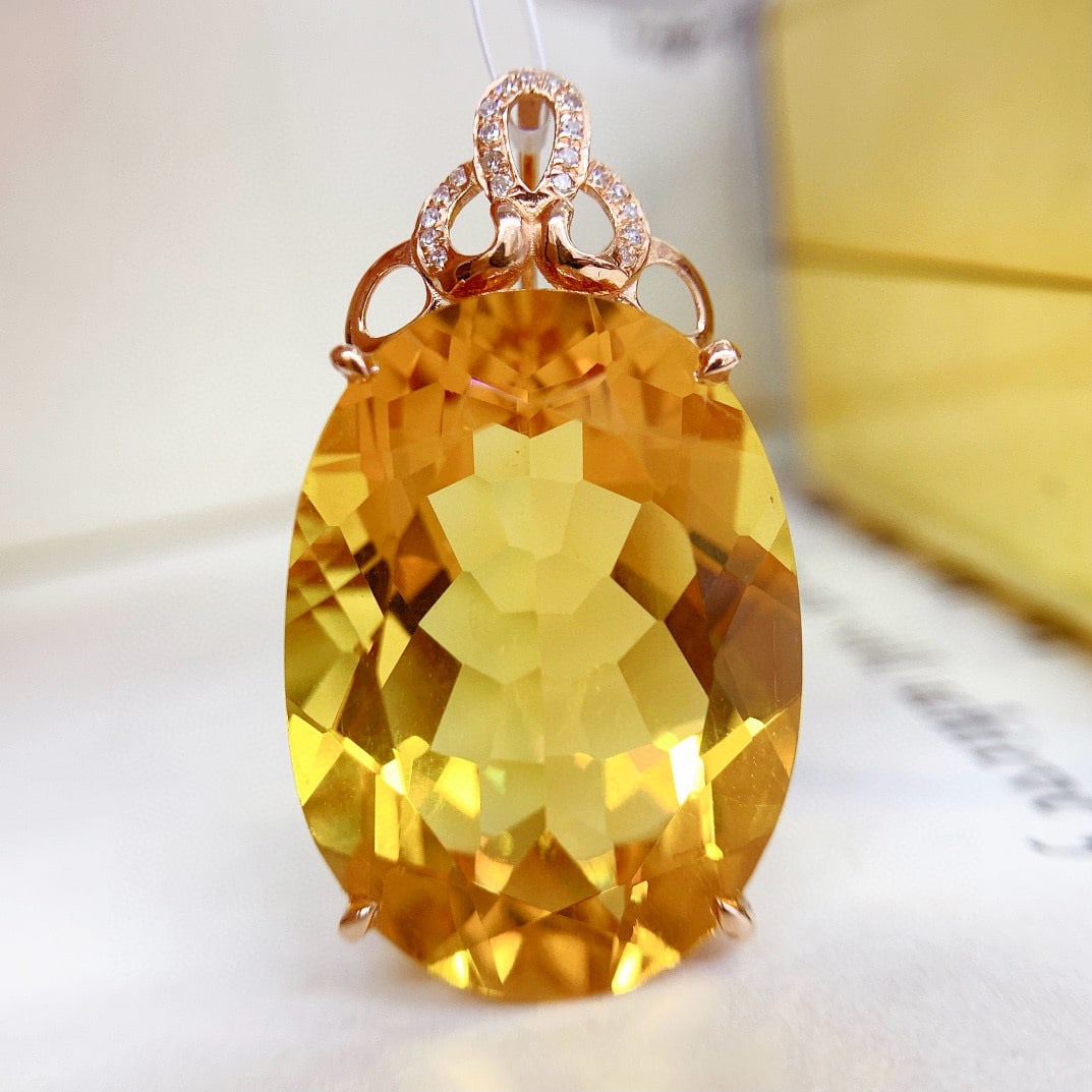 14k Gold 26.85 Ct Natural Citrine & Diamond Pendant( Without Chain ) - 2