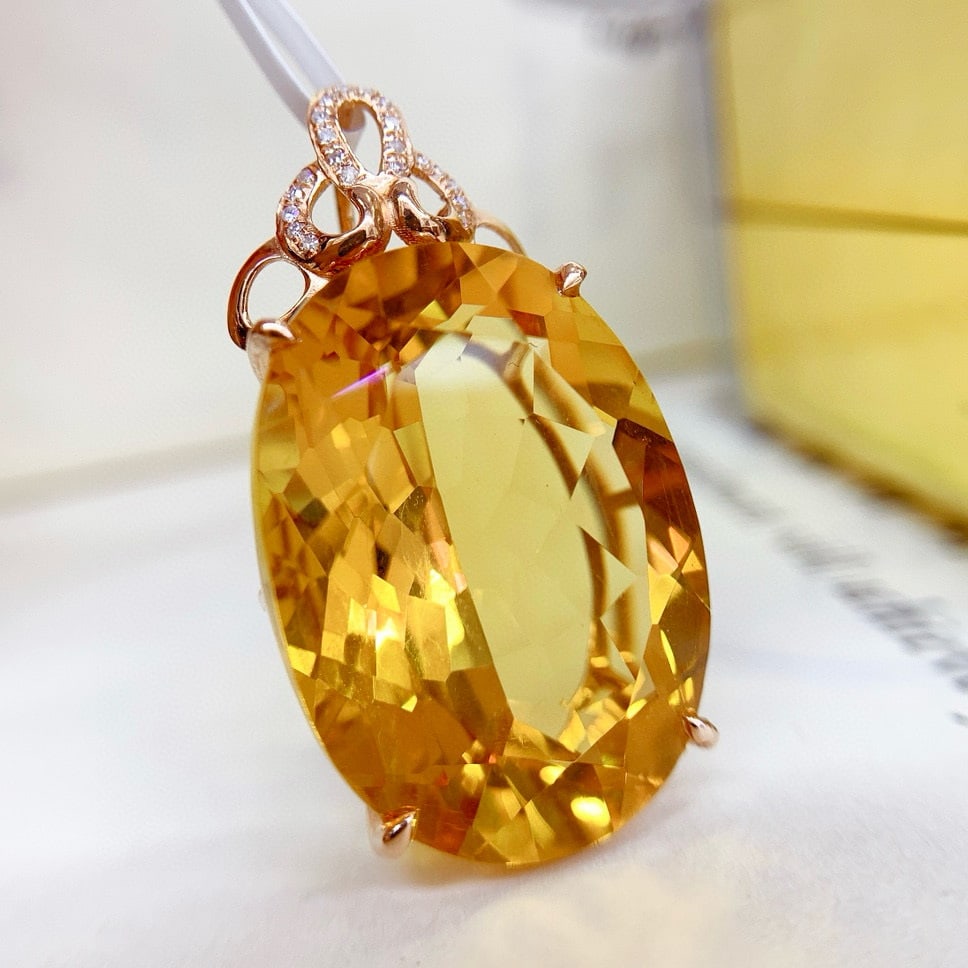 14k Gold 26.85 Ct Natural Citrine & Diamond Pendant( Without Chain ) - 3