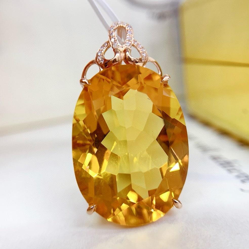 14k Gold 26.85 Ct Natural Citrine & Diamond Pendant( Without Chain ) - 4
