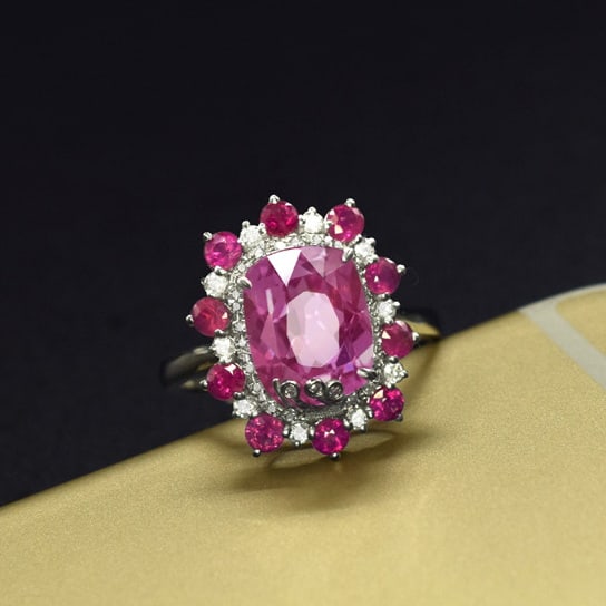 14k Gold 3.45 Ctw Natural Sapphire & Diamond Ring: Ref:231063026 // gold content:14k gold // ring size:7. 25us // // main gemstone:sapphire // shape:cushion // carat weight:3. 15ct // color:pink // treatment:natural // // adjacent gemstone 2 :