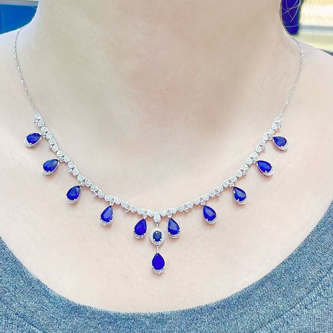 14k Gold 9.5 Ct Natural Sapphire & Diamond Necklace - 4