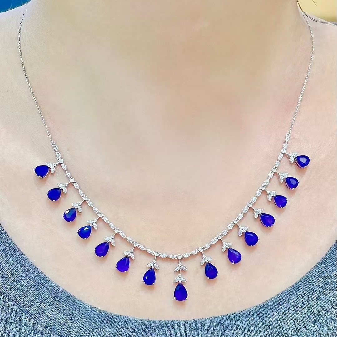 14k Gold 11 Ct Natural Sapphire & Diamond Necklace - 7