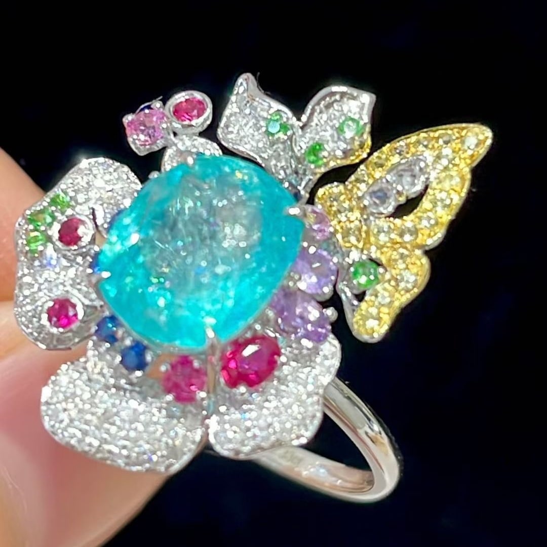 14k Gold 2.33 Ct Natural Paraiba Tourmaline & Diamond Ring - 2