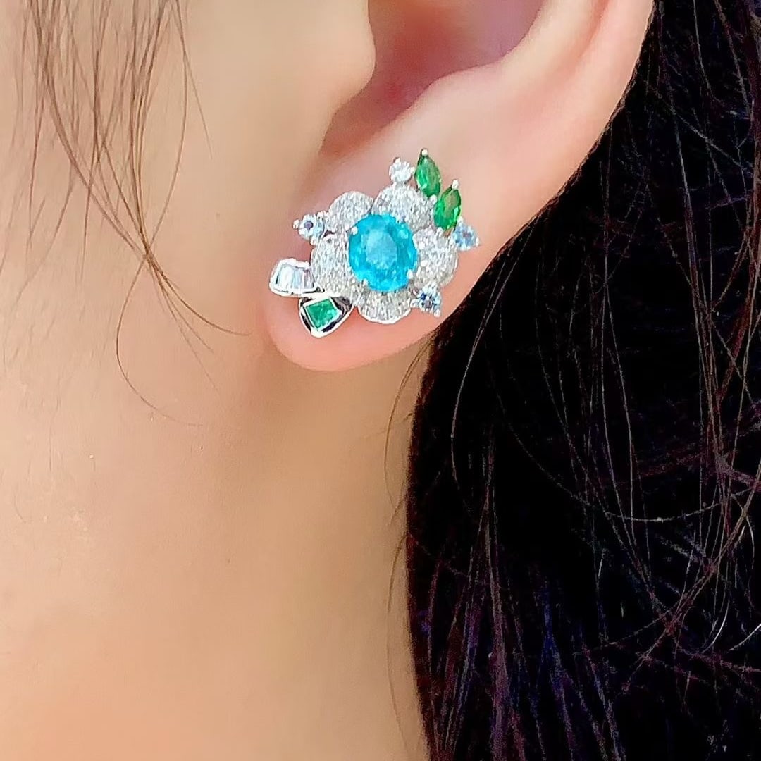 14k Gold 1.3 Ct Natural Paraiba Tourmaline & Diamond Earrings - 2