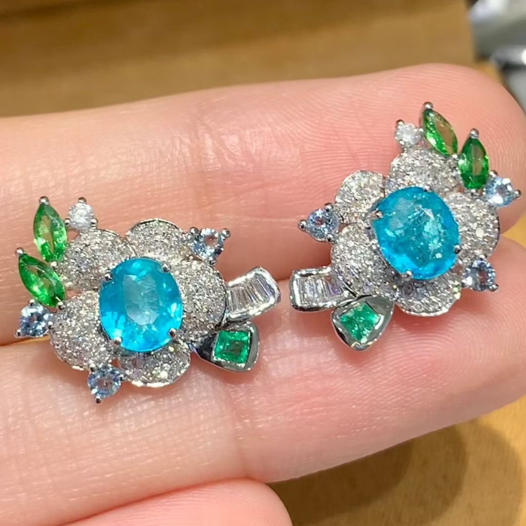 14k Gold 1.3 Ct Natural Paraiba Tourmaline & Diamond Earrings - 4