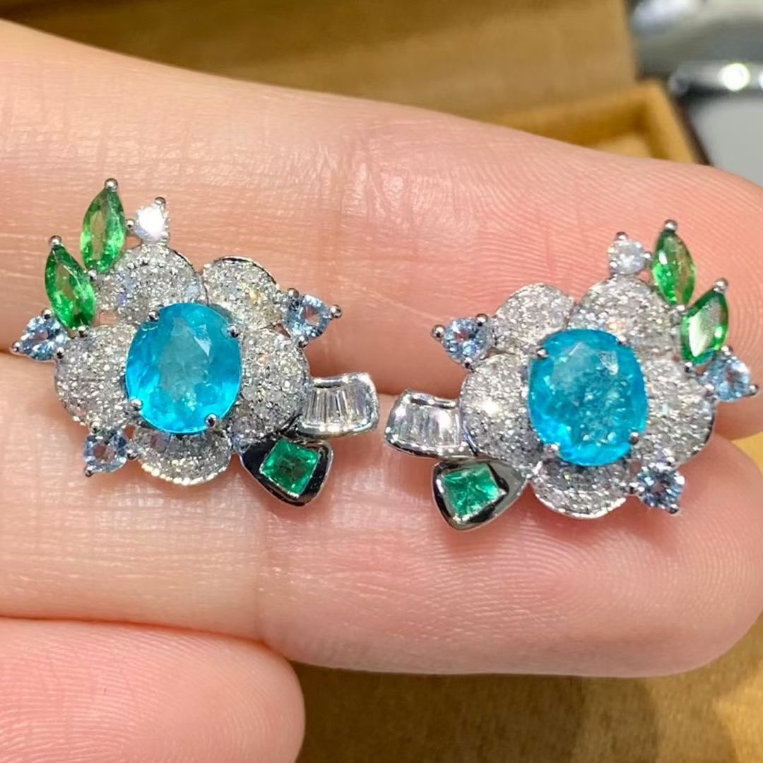 14k Gold 1.3 Ct Natural Paraiba Tourmaline & Diamond Earrings - 5