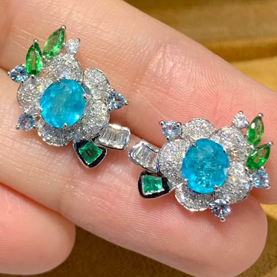 14k Gold 1.3 Ct Natural Paraiba Tourmaline & Diamond Earrings - 6