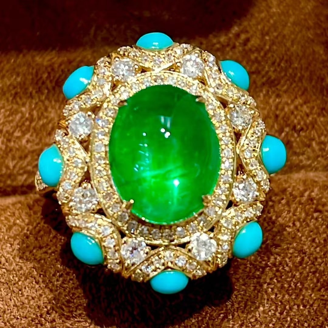 14k Gold 2.72 Ct Vivid Green Natural Emerald & Diamond & Turquoise Ring: Ref:231063106 // gold content:14k gold // ring size:7. 25us // // main gemstone:emerald // shape:oval // carat weight:2. 72ct // color:vivid green // treatment:natural // // adjacent gemstone 2 :