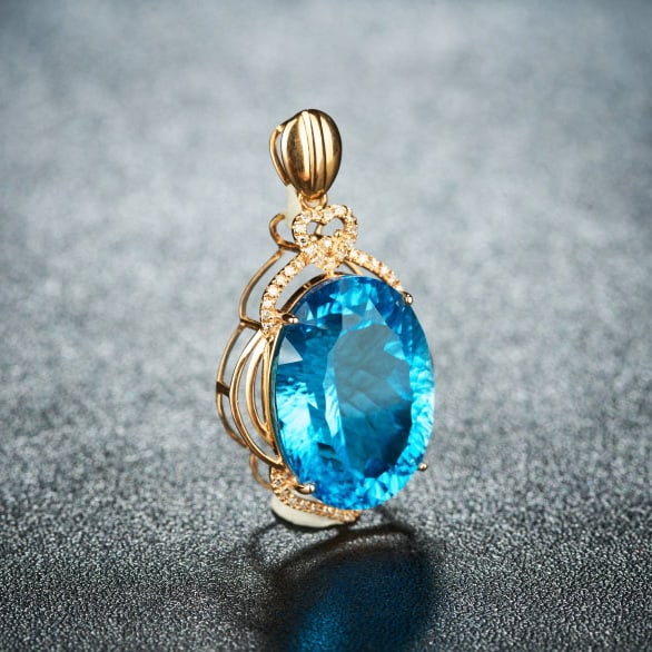 14k Gold 19.55 Ct Natural Topaz & Diamond Pendant( Without Chain ) - 2