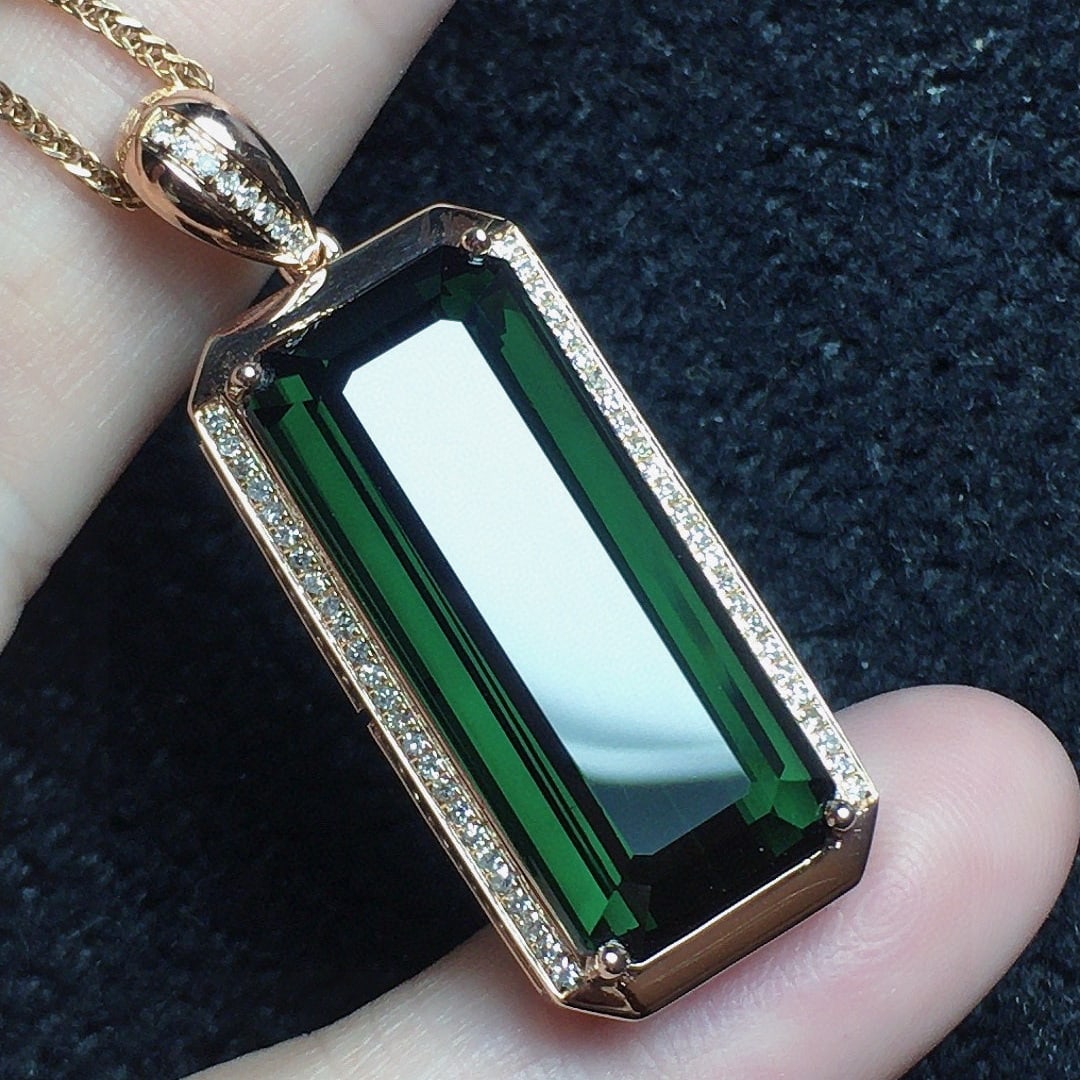 14k Gold 20.39 Ct Natural Tourmaline & Diamond Pendant( Without Chain ) - 2