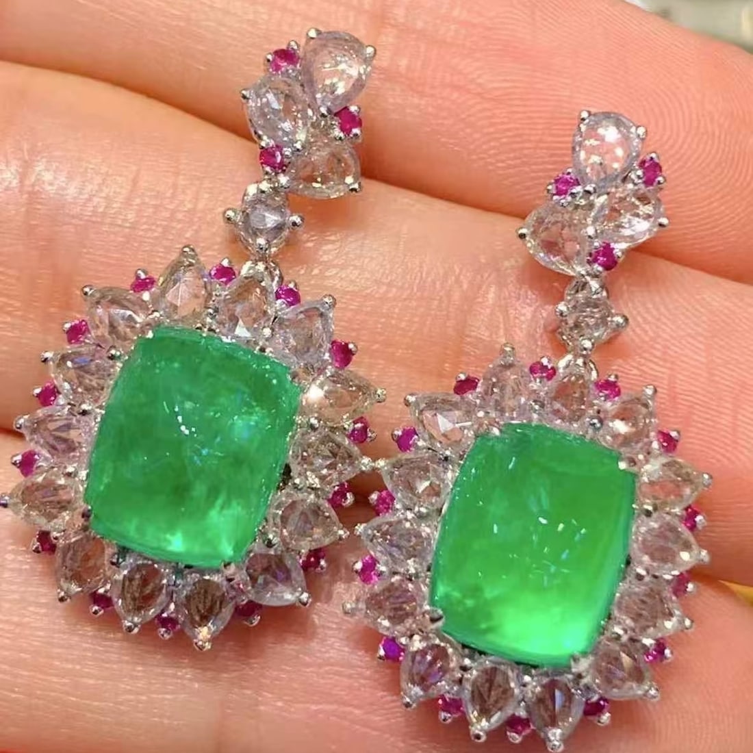 14k Gold 5.9 Ct Vivid Green Natural Emerald & Diamond Earrings - 2