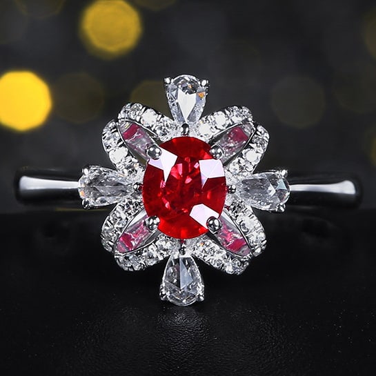 14k Gold 0.80 Ctw Natural Ruby & Diamond Ring: Ref:231063144 // gold content:14k gold // ring size:7. 25us // // main gemstone:ruby // shape:oval // carat weight:0. 50ct // color:pigeonblood red // treatment:natural // // adjacent gemstone 2 : dia