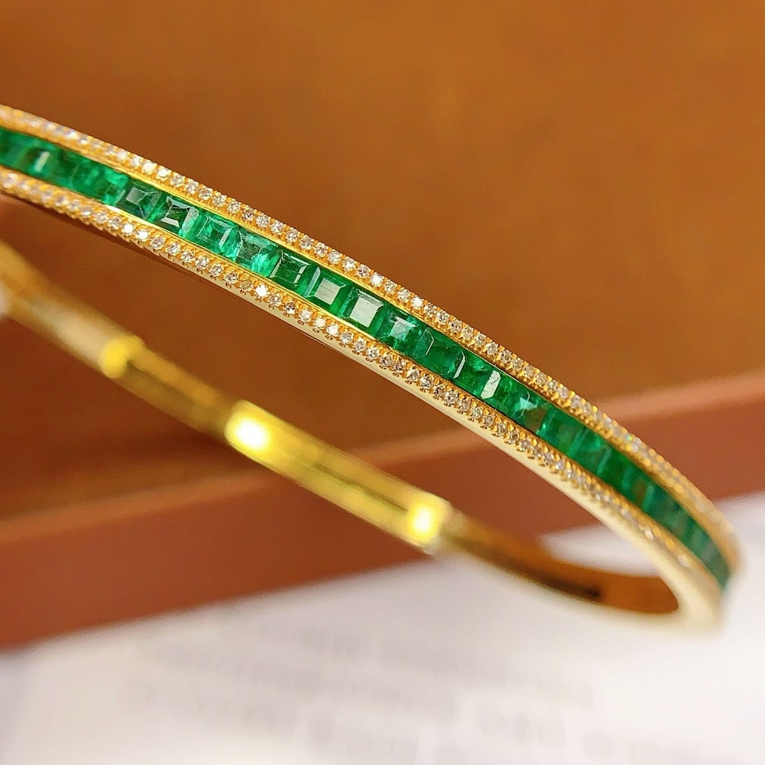 14k Gold 4 Ct Vivid Green Natural Emerald & Diamond Bangle - 6