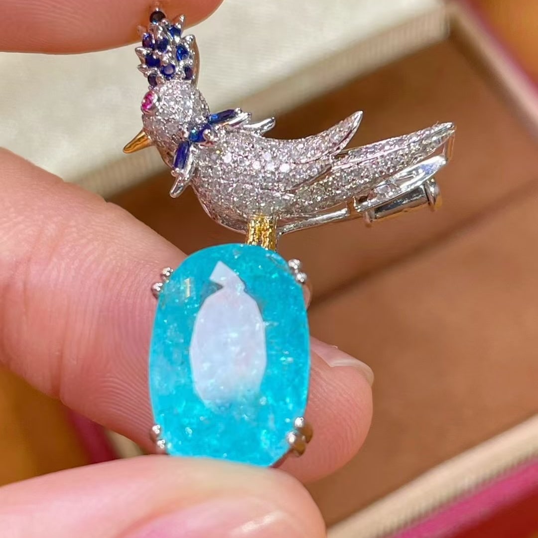 14k Gold 5.62 Ct Natural Paraiba Tourmaline & Diamond Brooch/pendant( Without Chain ) - 2