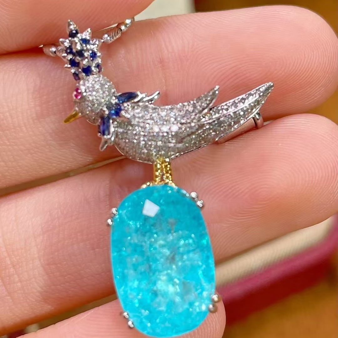 14k Gold 5.62 Ct Natural Paraiba Tourmaline & Diamond Brooch/pendant( Without Chain ) - 3