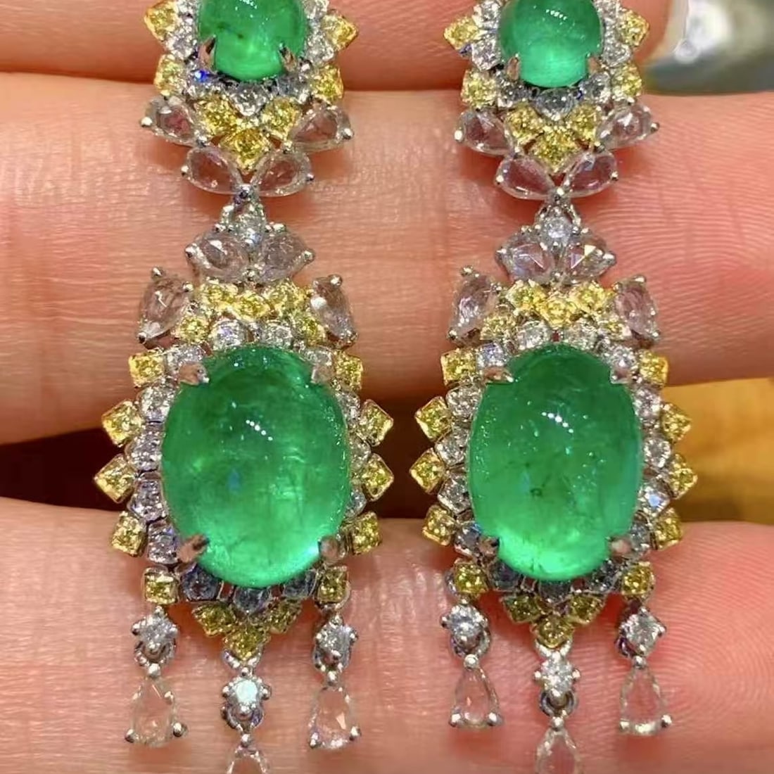14k Gold 7 Ct Natural Emerald & Diamond Earrings - 2