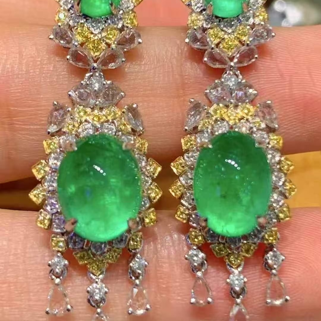 14k Gold 7 Ct Natural Emerald & Diamond Earrings - 5